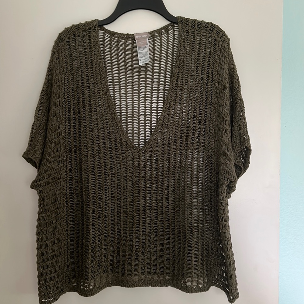 Chico's Olive Green Open Knit V-Neck Sweater